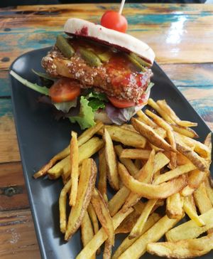 vegan tofu burger w/ hand cut fries at Goji - The Hidden One in Lagos