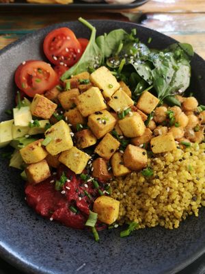 vegan Buddha bowl w/ curry tofu, tomatoes, spinach, fried chickpeas, avocado, quinoa and beet dip at Goji - The Hidden One in Lagos