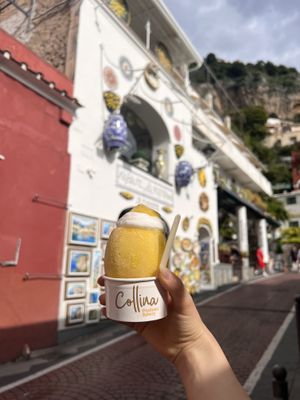 Lemon sorbet in a lemon   at Collina Positano Bakery in Positano