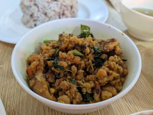 Fake ground meat w mushrooms (too soft to my taste) at Phaisach Tana - ร้านไภษัชย์ธน เจ  in Udon Thani