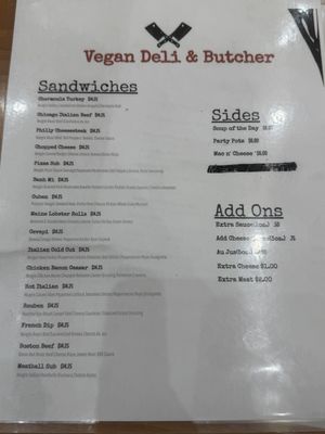 Current standard menu as of 3-5-2026  at Vegan Deli and Butcher in St Louis