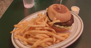 Black bean veggie burger with fries at Mel's Drive-In - 4th & Mission in San Francisco