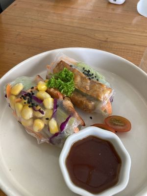 Spring Rolls. Make sure to order without chicken. One comes with tempeh, one with chicken, specify you want both with tempeh  at GreenSmoothie Factory in Medan