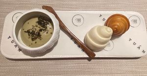 Chinese bun with olive mousse   at Yuan 圓 in Hong Kong Island