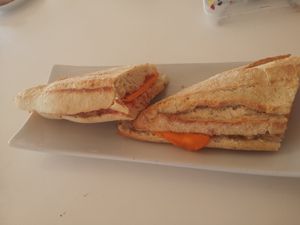 Breakfast vegan cheese bagette (bigger and nicer than photo gives credit) at Guingueta Cala Cristus in Girona