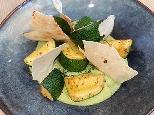 Makauy Soybean Puree with Grilled Zucchini  at Root Kitchen in Taipei
