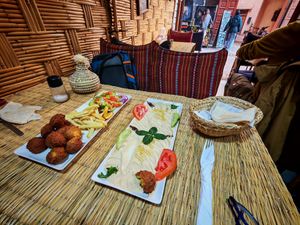 Falafel, hummus, salad and chips at Falafel with Hummus  in Marrakech