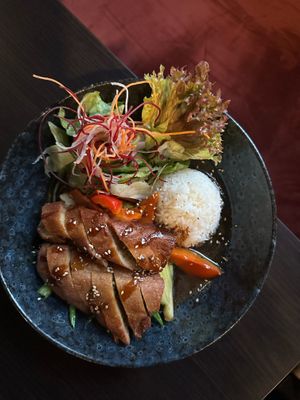 Our XA XIU is a “steak“, made with seitan, is marinated in a rich and intense sauce with a high umami level. Served on rice with salad and veggies! at IV in Berlin