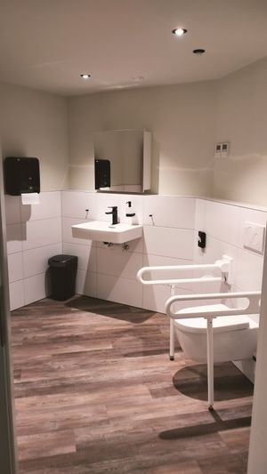 Rollstuhlgerechte Toilette vorhanden (nicht beschriftet, unten, im Zweifel muss man das Personal fragen) at Katzentempel - Bremen in Bremen