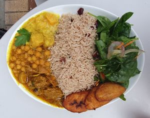 Curries with rice and peas at Vital Foodz in East London
