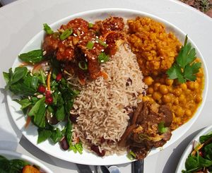 "Wheat meat", chickpea curry, lentil stew, jerk mushrooms at Vital Foodz in East London