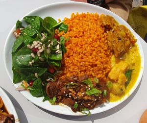 Jollof bulgur with curries and jerk mushrooms at Vital Foodz in East London