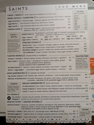 Menu at Saints Coffee  in Milton Keynes