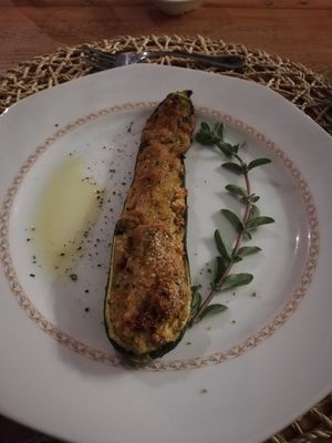 Filled zucchini. One course of the dinner at La Casa di Melo - Organic Farm in Siracusa