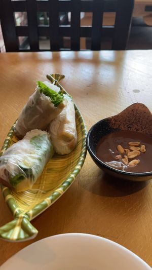 Vegan fresh rolls with plant based ham, veggies, vermicelli noodles and lettuce and a side of peanut dipping sauce.   at Thien Tam in Toronto