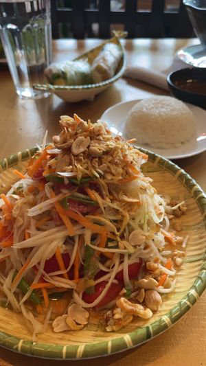 Vegan papaya salad and sticky ricee  at Thien Tam in Toronto