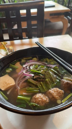 Vegan pho with veggie broth and plant based meatballs, assorted veggies and king oyster mushrooms  at Thien Tam in Toronto