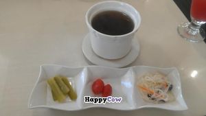 Herbal soup and side dishes which come with lunch special at Bodhi Veggie Cuisine in Rosemead