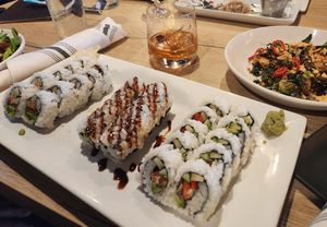 Vegan veggie rolls, avocado rolls, brussel sprouts, smoked old fashioned at Farm And Fire in Santa Rosa Beach