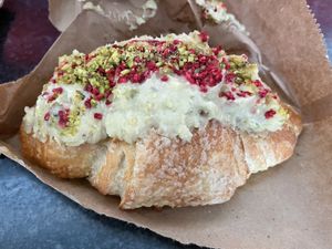Raspberry and pistachio croissant  at Rise Bakehouse in Stockton On Tees