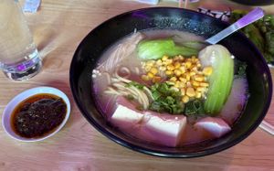 Vegan ramen with homemade hot sauce   at Rural Ramen Bar in San Francisco