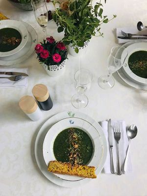 Healthy lunch with home-made bread and spinach cream soup. at Vila Castelul Maria in Banpotoc