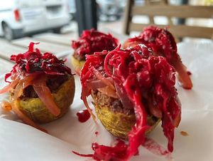 Plantain Loaded Stuffers with BBQ jackfruit or grounded walnut meat at Mama Chea Cafe in Davie