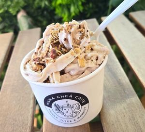 In-house-made hazelnut ice cream, swirled with hazelnut butter and topped with crunchy granola at Mama Chea Cafe in Davie