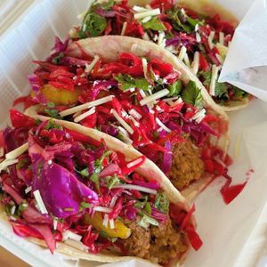 Nikki’s Loaded Supreme Tacos, featuring barbecue jackfruit or ground walnut meat at Mama Chea Cafe in Davie