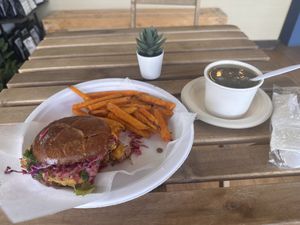 Walnut Hippie Burger, Sweet Potato Fries, & Trio Lentil Mung Soup !  at Mama Chea Cafe in Davie