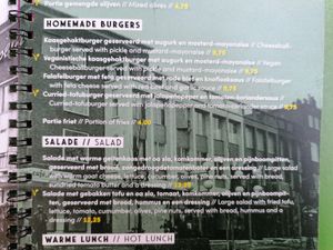 Lunch menu, vegan options include vegan 'cheeseball' burger, curried-tofuburger and a tofu salad. at Cafe de Plak in Nijmegen