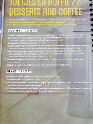 Desserts & pastry menu, vegan options are sorbet icecream and coconut cream pie at Cafe de Plak in Nijmegen