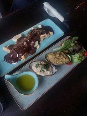 Hummus, Aubergine Dip and Belgian Waffles at Damals Hinterm Mond in Marburg