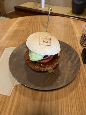 Vegan teriyaki burger with friesd  at Box Burger - Yumoto in Hakone