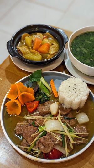 Vegan Stir-Fried Beef / Chicken with Chilli and Lemongrass, Chicken Cooked with Curry, Mustard Plant Soup at Hong Hoai's Restaurant in Hanoi