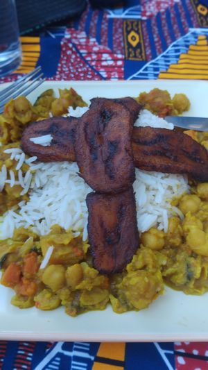 Chickpea and pumpkin curry with fried banana at Flamenkana in Jerez