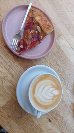 Vegan plum with cinnamon and marzipan cake at Plan in Poznan