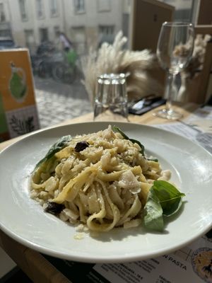 Vegan pasta of the day:  artichoke cream, black olives, fresh basil, vegan Parmesan   at Martha Pizze Amore in Paris