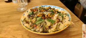 Paccheri with tomato sauce, fried eggplant, parmesan shavings and lots of parmesio at Martha Pizze Amore in Paris