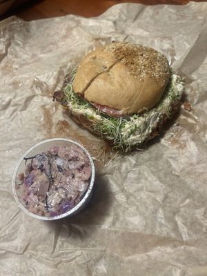 Taro burger with side of poke at Sweet Cane Cafe in Hilo