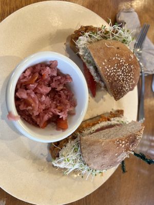 Smoky Taro with sauerkraut on the side.  Very good burger -most popular   at Sweet Cane Cafe in Hilo