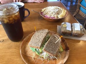 Avocado wrap vegan style, banana bread, and Pitaya Bowl at Sweet Cane Cafe in Hilo