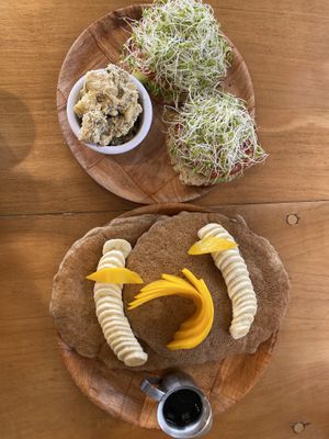 Bagel sandwich and buckwheat pancakes  at Sweet Cane Cafe in Hilo