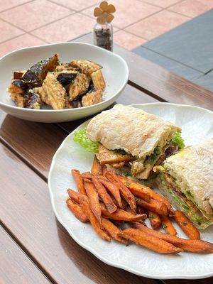 Eggplants crunchies?! this is soo good . House pesto sandwich  , tempeh , pesto , tofu "ham" at Tiny Food Cafe in Kuala Lumpur