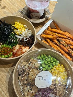 Kimchibap ( they even made their own kimchi ) , Tofu teriyaki karaage bowl , sweet potato fries and beetroot juice at Tiny Food Cafe in Kuala Lumpur