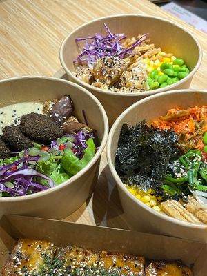 Buddha bowl , tofu teriyaki bowl , added on the other kind of tofu which was amazing and kimchibap  at Tiny Food Cafe in Kuala Lumpur