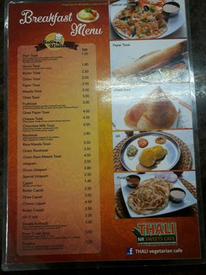 Breakfast Menu at Thali NR Sweets Cafe in Penang