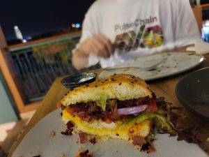 Vegan burger cut in half at Ayaso in Marrakech