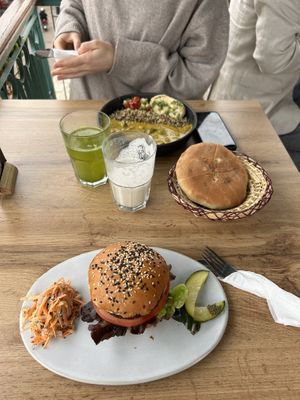 Vegan curry and burger with homemade lemonade and banana/almond juicee  at Ayaso in Marrakech