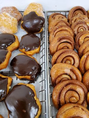 Boston Cream donuts and old fashioned cinnamon donuts, all vegan  at Bliss Baked Goods in Edmonton